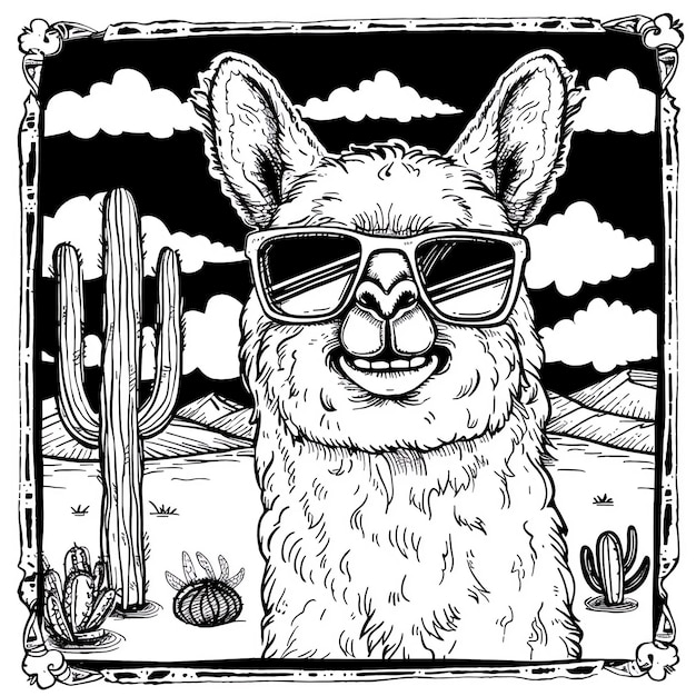 Photo a llama with sunglasses and a cactus in the background