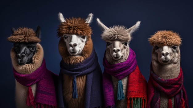 Llamas wearing a red scarf and a red scarf