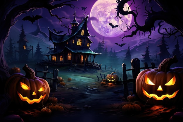 llustration halloween village with scarry pumpkin halloween background