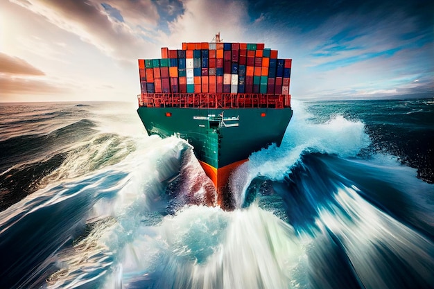 A loaded container cargo ship is seen in the front as it speeds over the ocean Generative AI