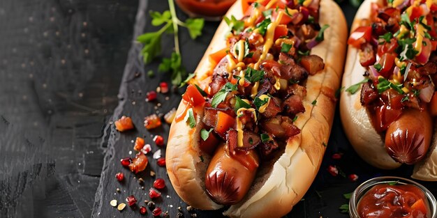 Loaded Danish Hot Dog on a Stylish Black Background Concept Food Styling Gourmet Hot Dog Black Background Danish Cuisine Delicious Ingredients