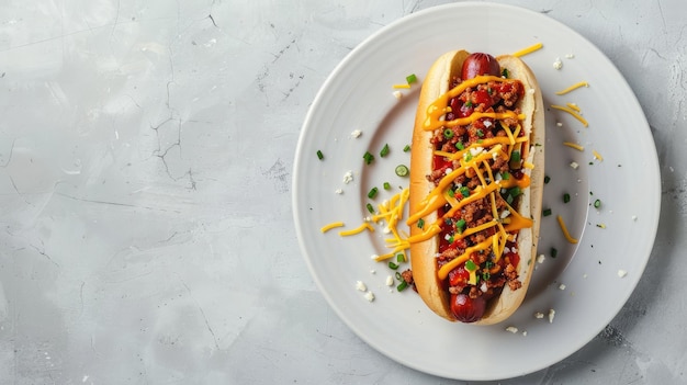 Photo loaded hot dog topped with cheese onions and chives on white plate