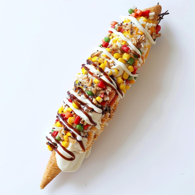 Loaded Mexican Street Corn Elote with Diverse Toppings on White Background