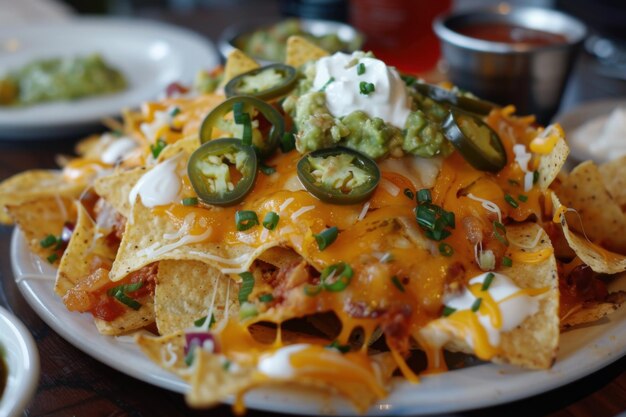 Photo loaded nachos with melted cheese guacamole and jalapenos a delicious mexican appetizer