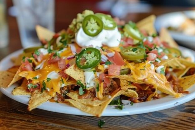 Photo loaded nachos with melted cheese guacamole and jalapenos a delicious mexican appetizer