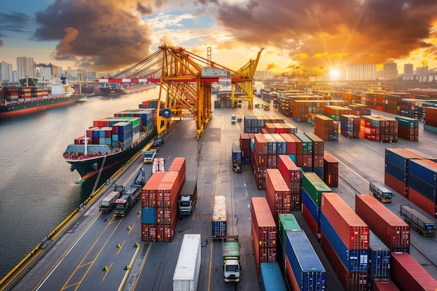 Loading cargo containers onto container ships at an international sea port using cranes for freight