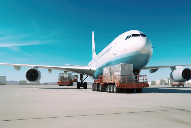 Loading a cargo plane at the airport A cargo trolley delivering cargo to the jet on the airfield International freight transport airmail and logistics concept 3D illustration