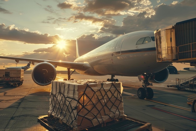 Photo loading cargo on plane in airport shipping logistic