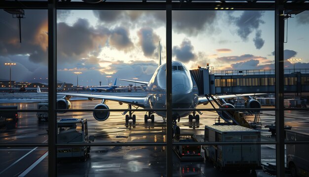 Loading cargo on the plane in airport view through window