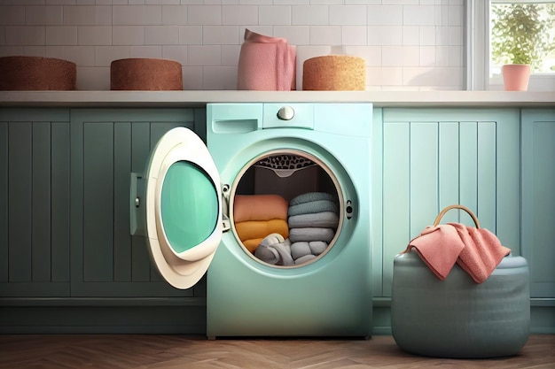 Loading laundry washing things washing machine illustration Generative AI