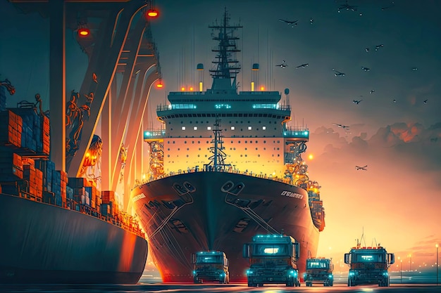 Loading and unloading of ships in seaport in evening global business logistics