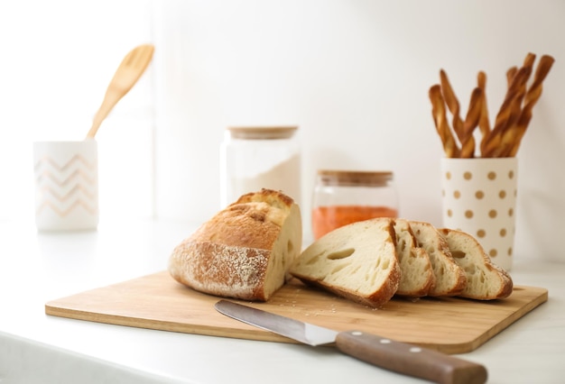 Loaf of bread on counter in kitchen