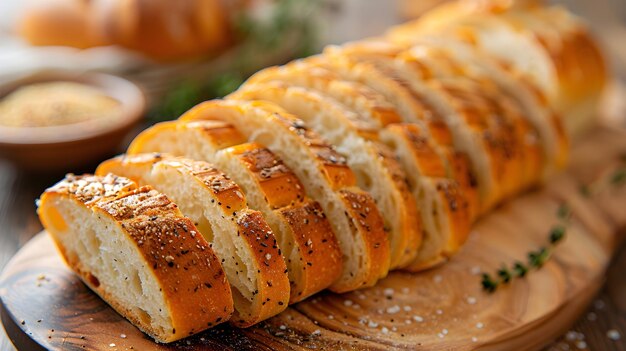 A loaf of bread on a cutting board with spices and herbs