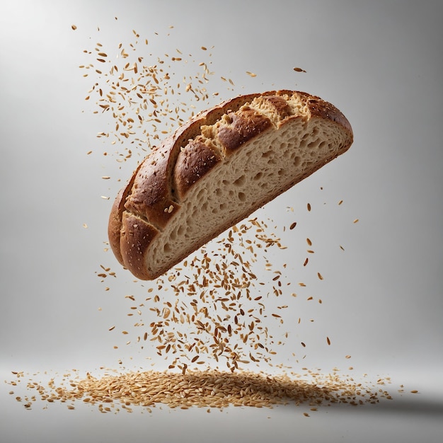 Photo a loaf of bread falling into the air with grains of grain