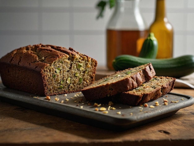 Photo a loaf of bread is on a cutting board with a bottle of alcohol behind it