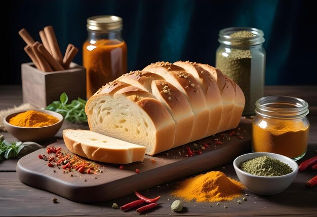 Photo a loaf of bread is on a cutting board with spices and herbs