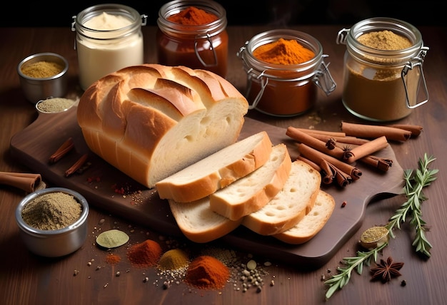 Photo a loaf of bread is on a cutting board with spices and herbs