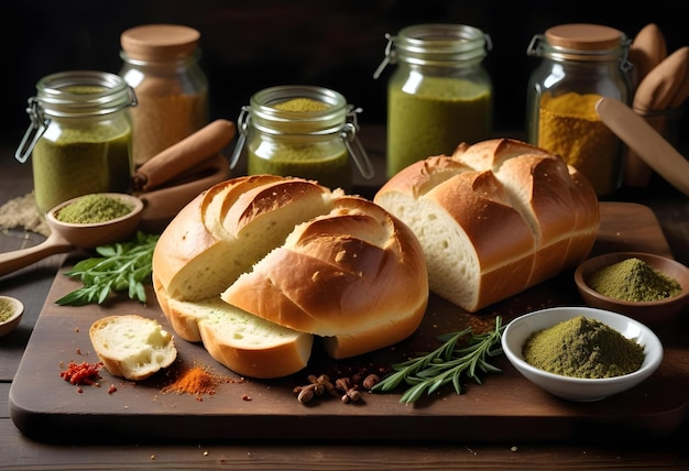 Photo a loaf of bread is on a cutting board with spices and herbs