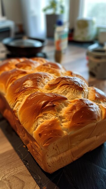 a loaf of bread is on a table with a bottle of ketchup