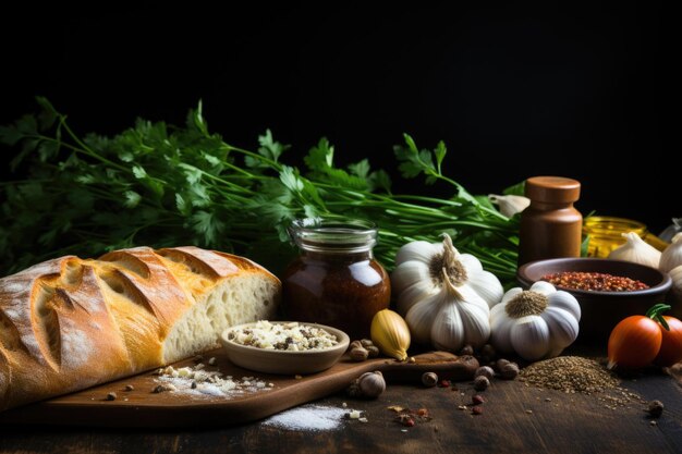 Photo a loaf of bread and a loaf of bread on a table with spices and herbs