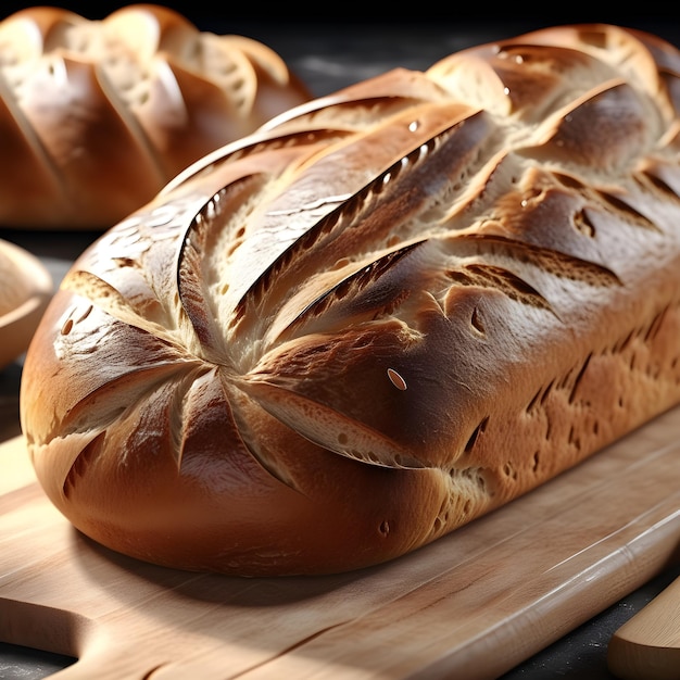 a loaf of bread sits on a cutting board with bread on it