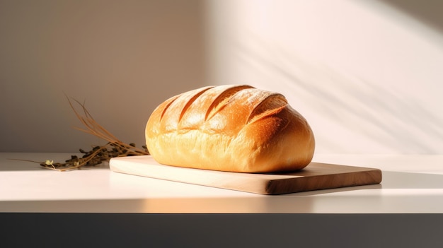 A loaf of bread sits on a table next to a chequered cloth.