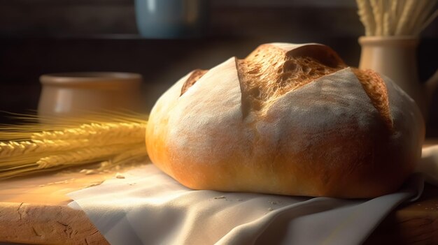 A loaf of bread sits on a table next to a corn cob