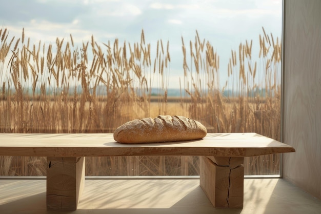 Loaf of bread sitting on a rustic bench overlooking a wheat field