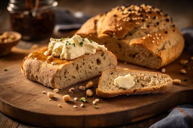 A loaf of bread with butter on it and a piece of bread with a piece of butter on it.