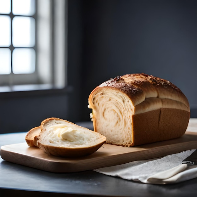 A loaf of bread with a buttered slice next to it.