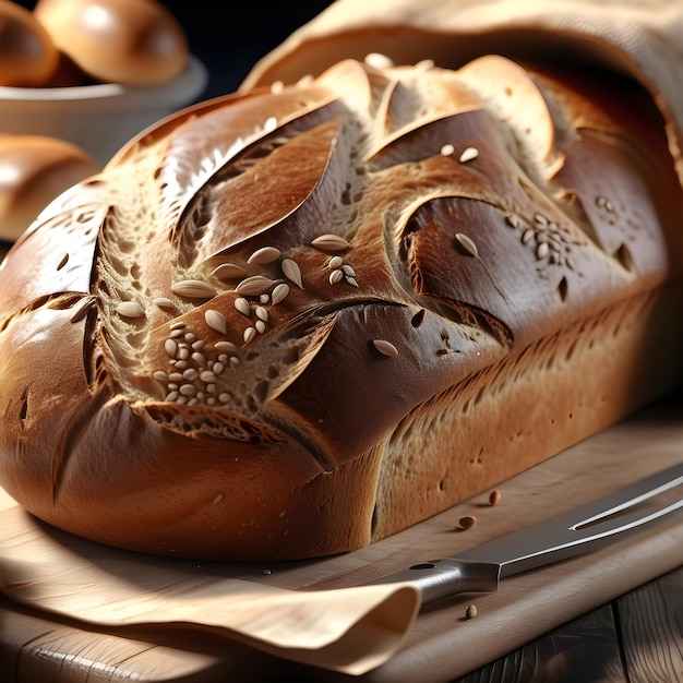 a loaf of bread with a knife on a cutting board