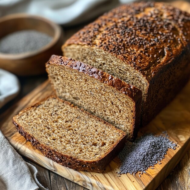 a loaf of bread with seeds on a cutting board