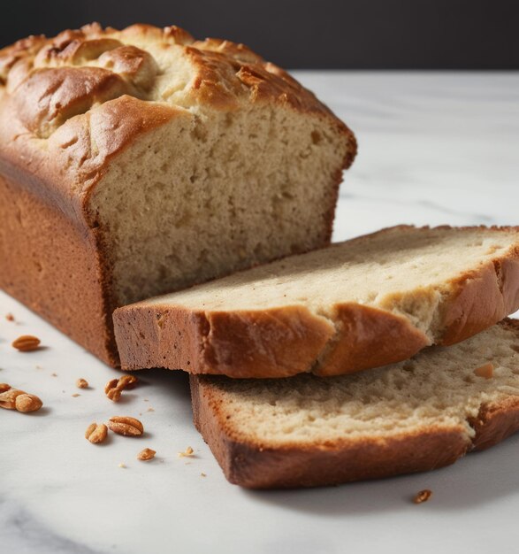 a loaf of bread with seeds on the top and a piece of bread on the right