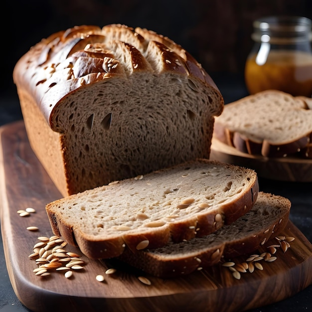 a loaf of bread with seeds on a wooden cutting board