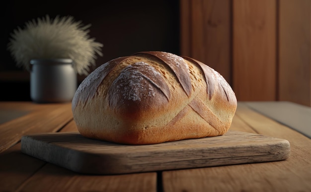 A loaf of bread on a wooden table. handmade bread. ai generated