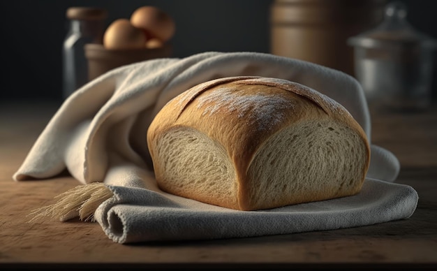 A loaf of bread on a wooden table with a white cloth. handmade bread. ai generated