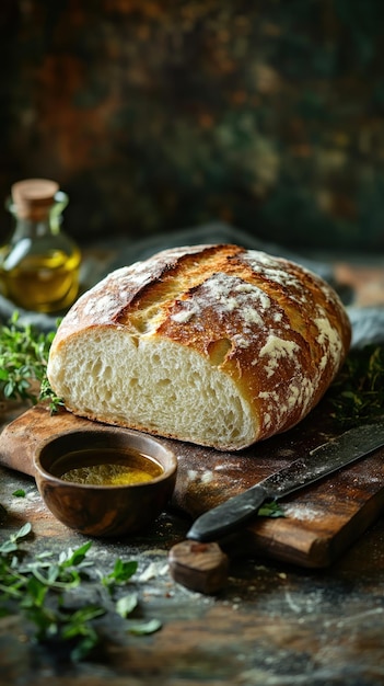 Photo a loaf of crusty bread with olive oil and herbs