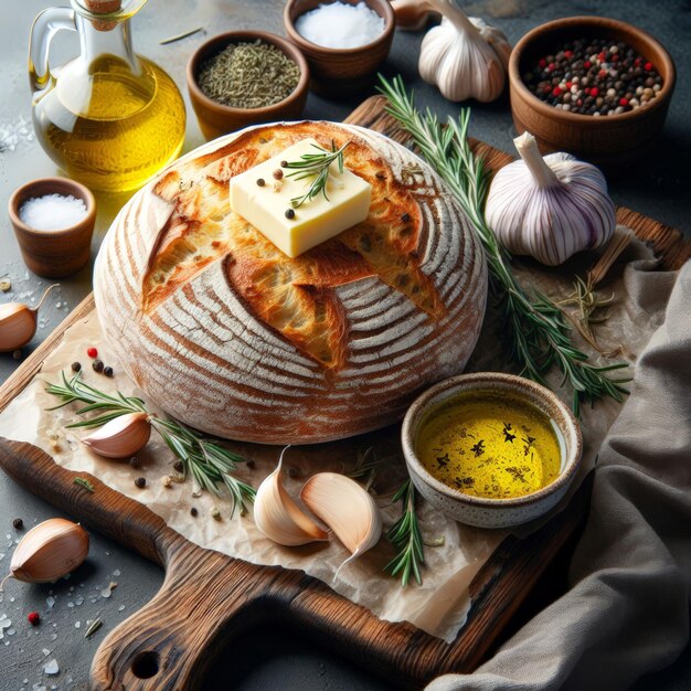 Photo a loaf of fresh homemade bread on the table various spices and seasonings with herbs garlic and cheese decorate the delicious freshly prepared bread