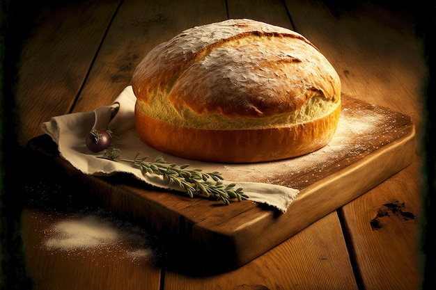 Loaf of fresh homemade bread on wooden board