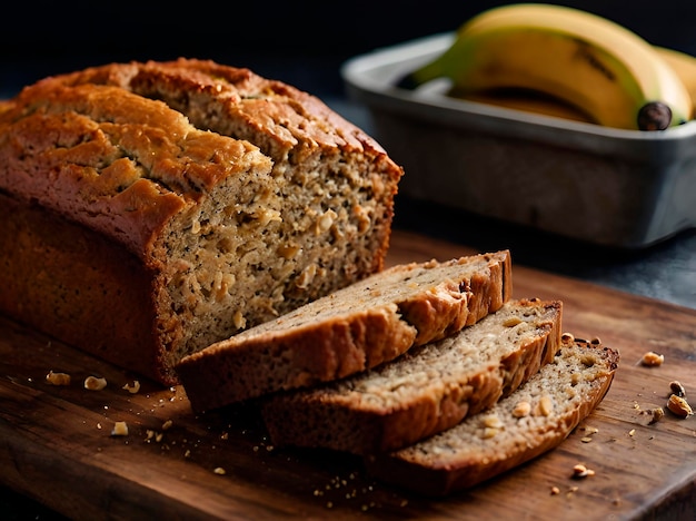 A loaf and sliced banana baked with a banana on the side