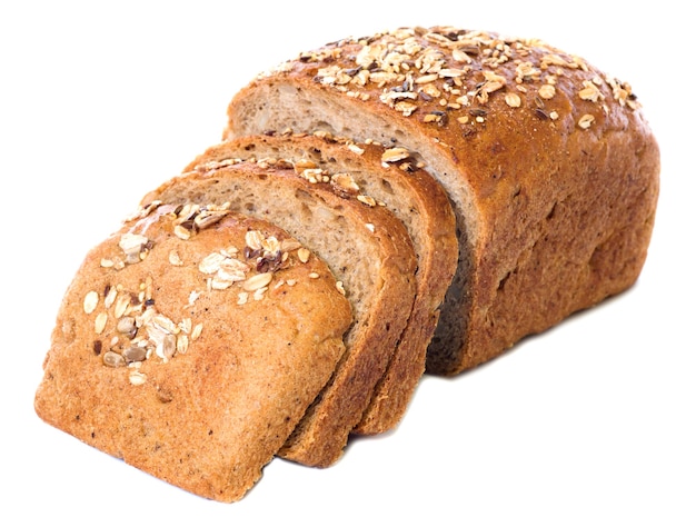 Loaf   and slices of whole rye bread isolated on white background