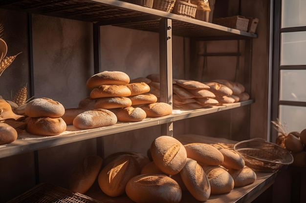 Loaves of fresh baked bread on the shelves of bakehouse AI generated