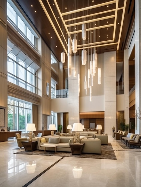 The lobby of the hotel is decorated in a modern style.