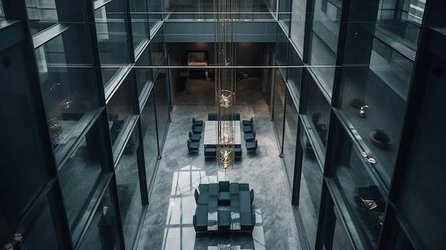 The lobby of the hotel is surrounded by glass walls and a glass ceiling.