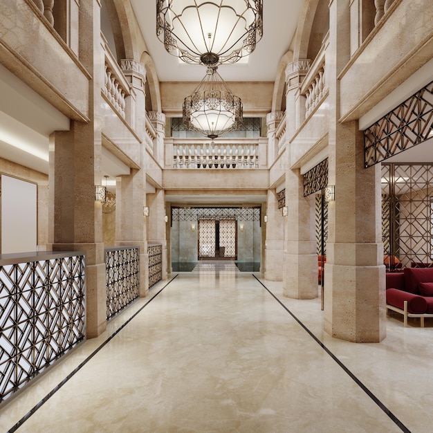 The lobby of a luxury hotel in Arabic style with high ceilings columns and a reception desk with a seating and waiting area 3D rendering