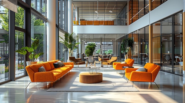 a lobby with orange couches and a coffee table and chairs