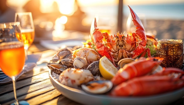 Photo lobster clams and shrimp on a wooden table