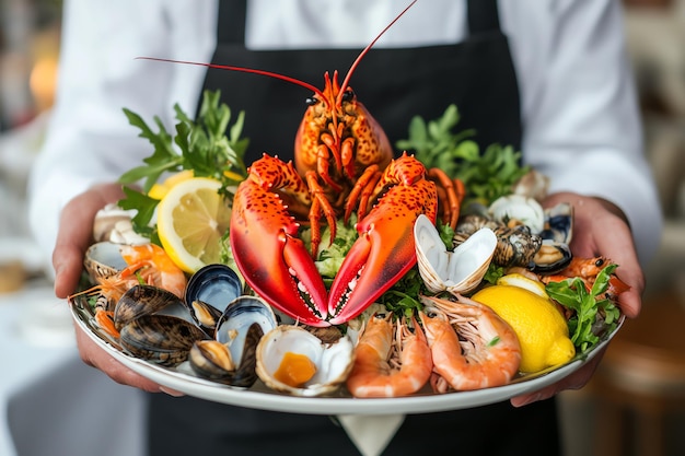 a lobster dish with seafood and seafood on the side