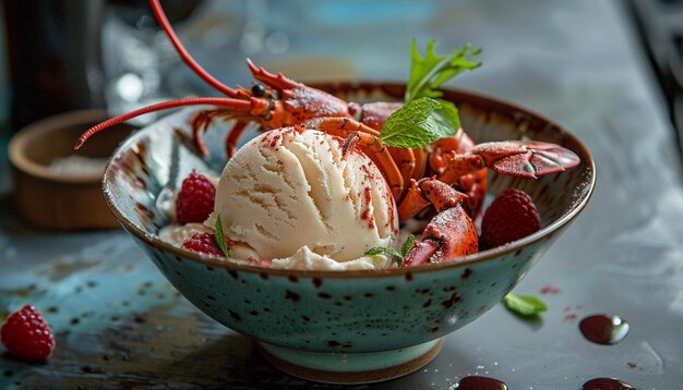 Photo lobster ice cream scoop decorated in a bowl