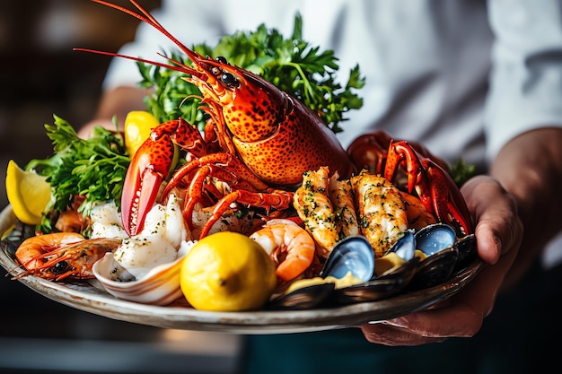 a lobster is on a plate with a bowl of food